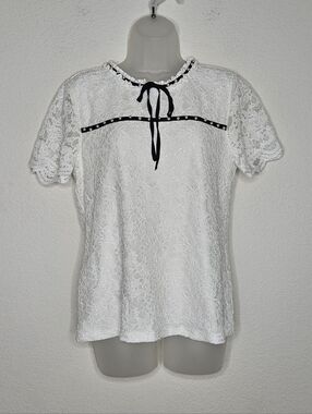 Karl Lagerfeld White Lace Blouse Size M Pearl Trim Black Ribbon Detail Feminine
